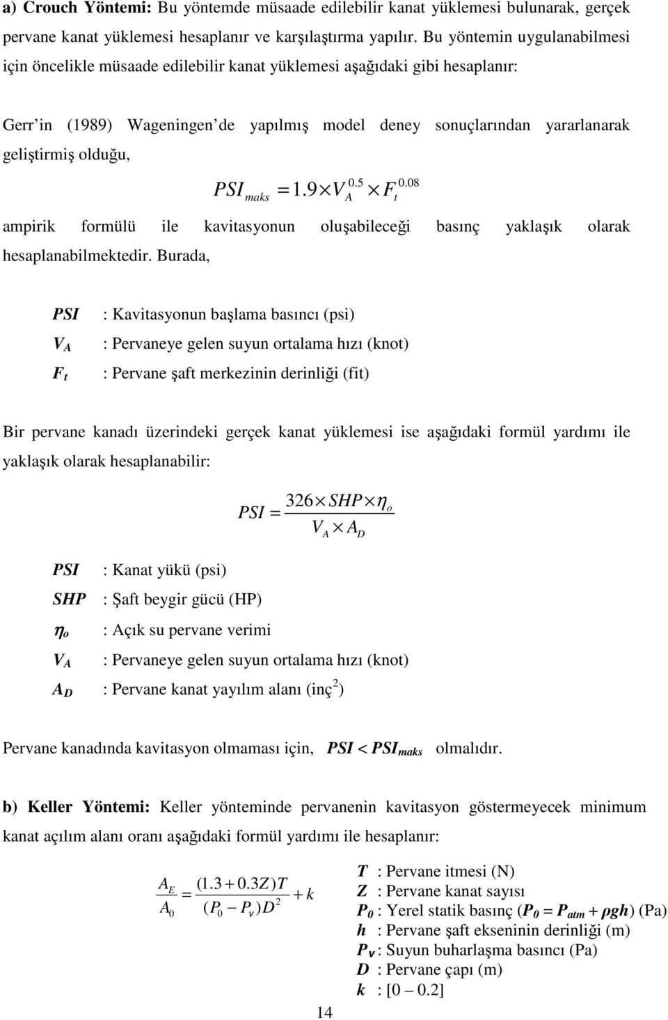 olduğu, PSI = maks.5.8 1.9 VA Ft ampirik formülü ile kavitasyonun oluşabileceği basınç yaklaşık olarak hesaplanabilmektedir.