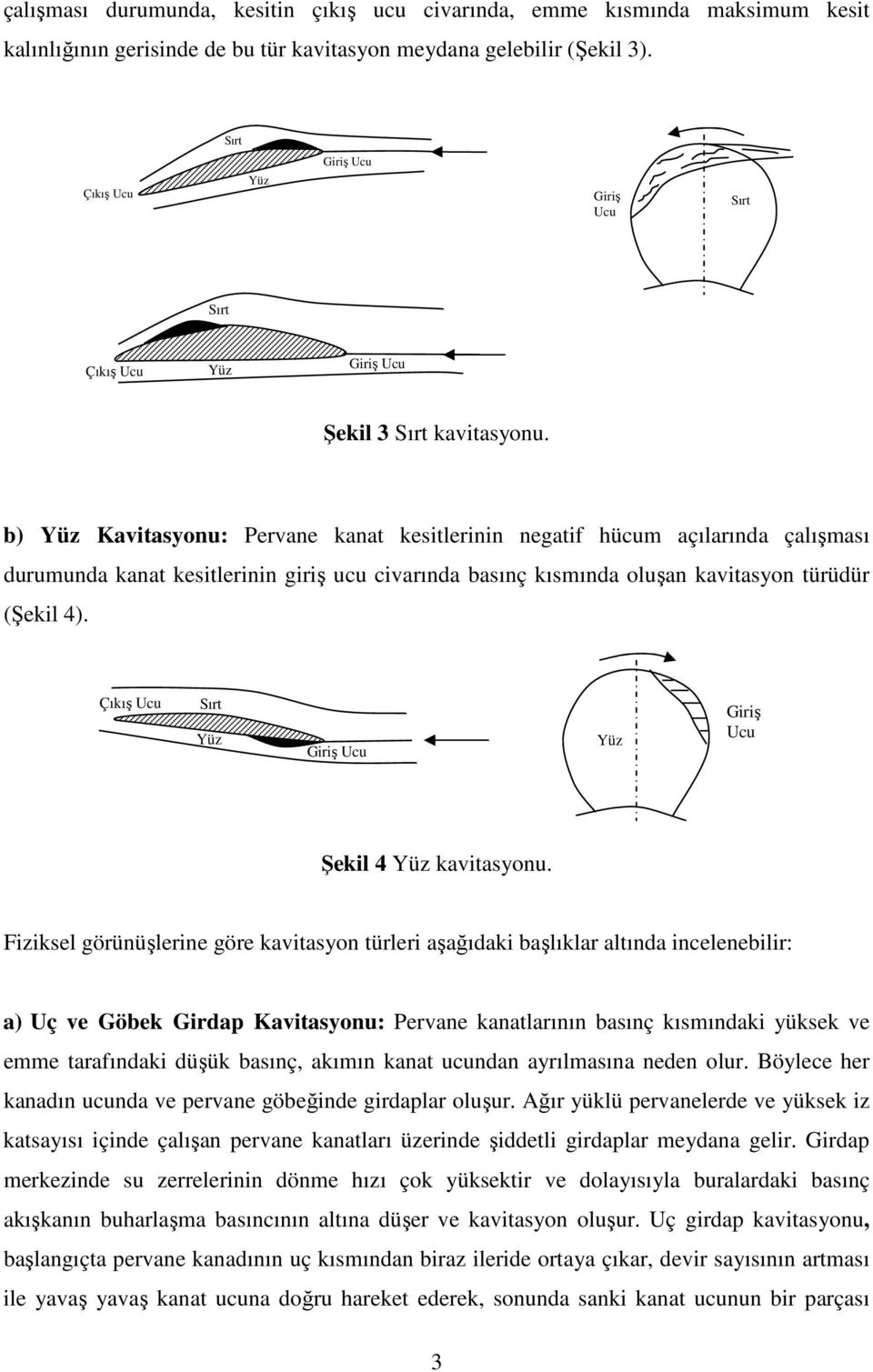 b) Yüz Kavitasyonu: Pervane kanat kesitlerinin negatif hücum açılarında çalışması durumunda kanat kesitlerinin giriş ucu civarında basınç kısmında oluşan kavitasyon türüdür (Şekil 4).