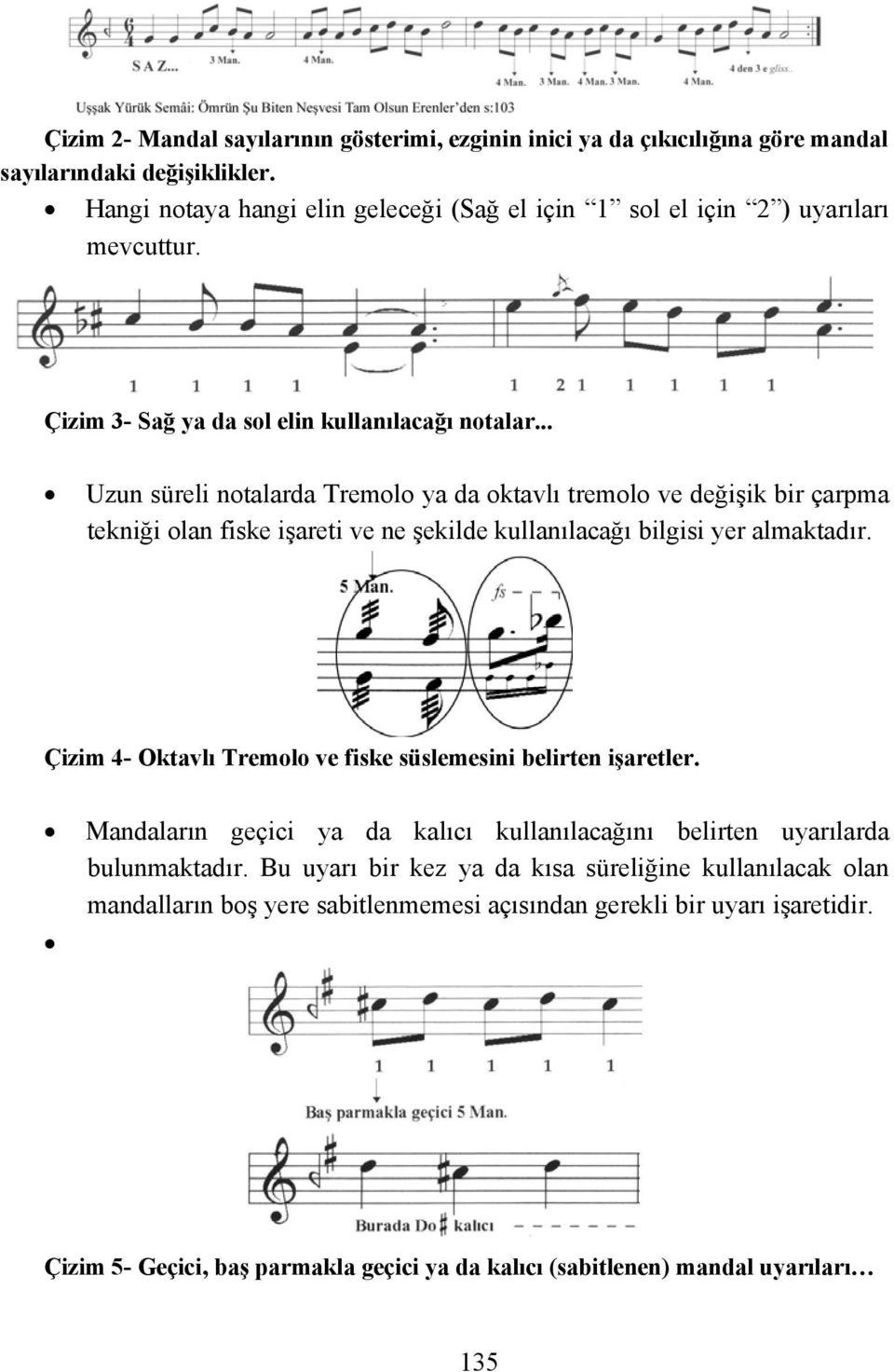 .. Uzun süreli notalarda Tremolo ya da oktavlı tremolo ve değişik bir çarpma tekniği olan fiske işareti ve ne şekilde kullanılacağı bilgisi yer almaktadır.