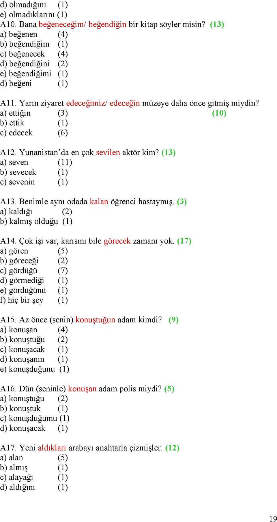 a) ettiğin (3) (10) b) ettik (1) c) edecek (6) A12. Yunanistan da en çok sevilen aktör kim? (13) a) seven (11) b) sevecek (1) c) sevenin (1) A13. Benimle aynı odada kalan öğrenci hastaymış.