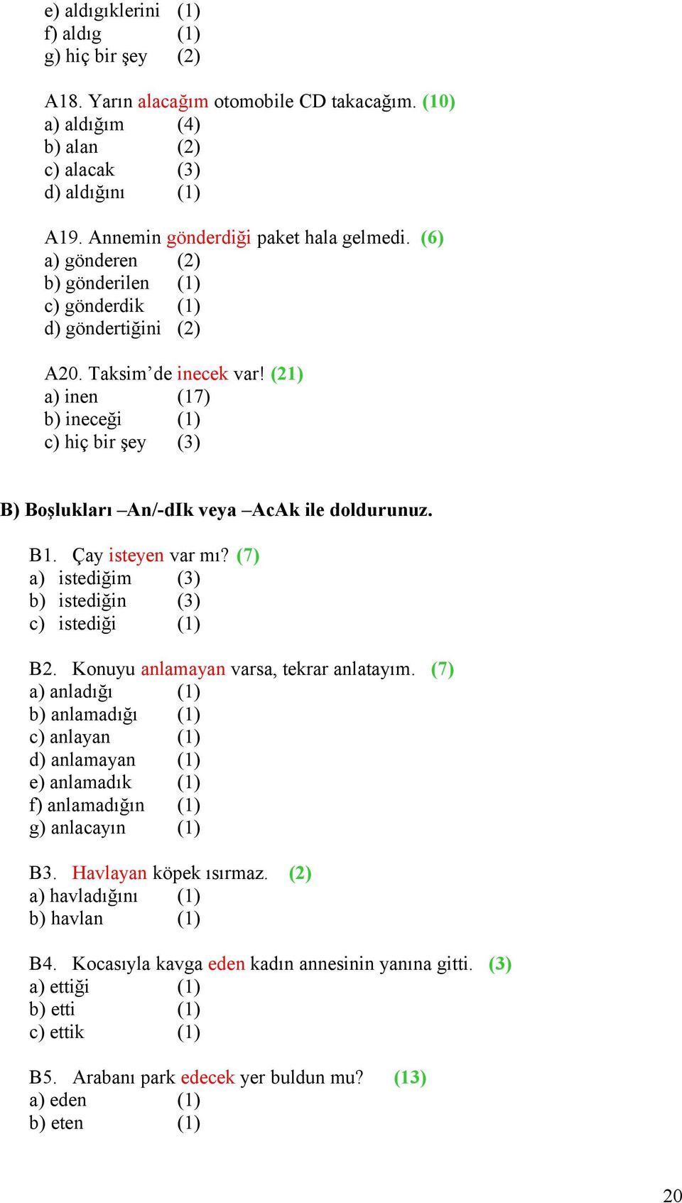 (21) a) inen (17) b) ineceği (1) c) hiç bir şey (3) B) Boşlukları An/-dIk veya AcAk ile doldurunuz. B1. Çay isteyen var mı? (7) a) istediğim (3) b) istediğin (3) c) istediği (1) B2.