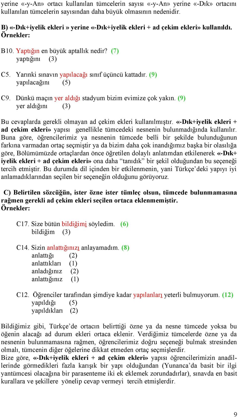 Yarınki sınavın yapılacağı sınıf üçüncü kattadır. (9) yapılacağını (5) C9. Dünkü maçın yer aldığı stadyum bizim evimize çok yakın.