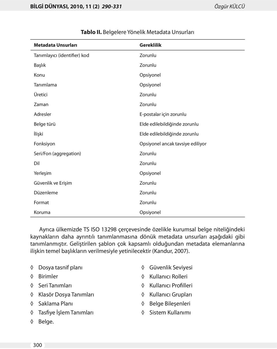 Güvenlik ve Erişim Düzenleme Format Koruma Gereklilik Zorunlu Zorunlu Opsiyonel Opsiyonel Zorunlu Zorunlu E-postalar için zorunlu Elde edilebildiğinde zorunlu Elde edilebildiğinde zorunlu Opsiyonel