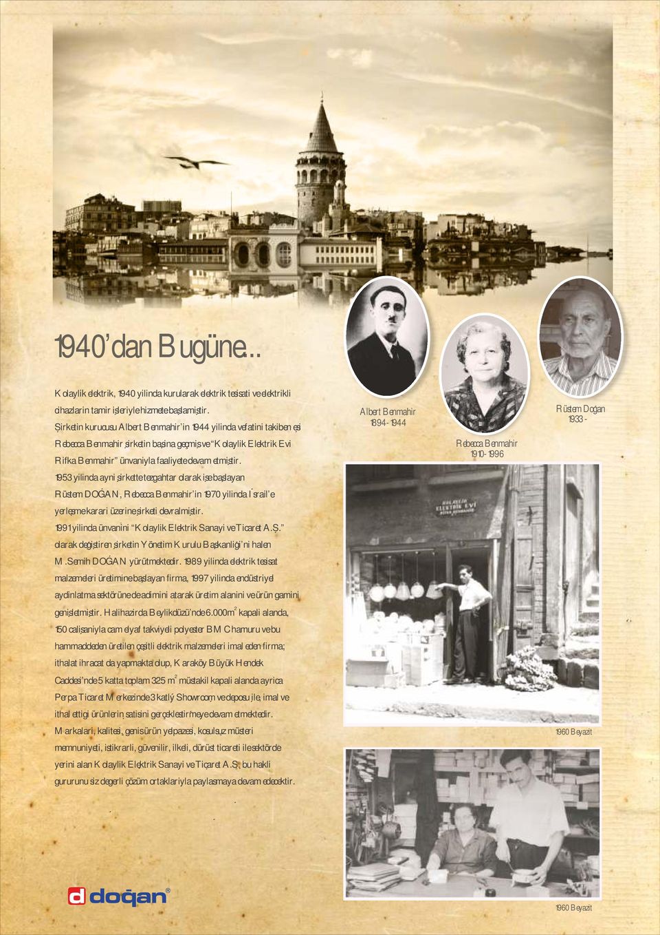 1953 yilinda ayni sirkette tezgahtar olarak ise baslayan Rüstem DOGAN, Rebecca Benmahir in 1970 yilinda Israil e yerlesme karari üzerine sirketi devralmistir.