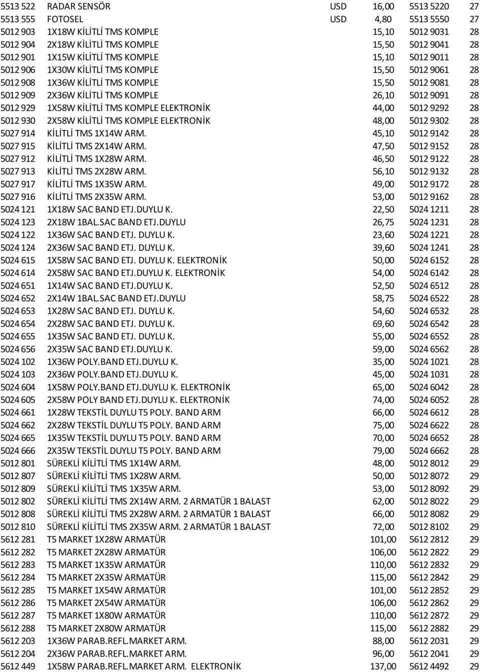 28 5012 929 1X58W KİLİTLİ TMS KOMPLE ELEKTRONİK 44,00 5012 9292 28 5012 930 2X58W KİLİTLİ TMS KOMPLE ELEKTRONİK 48,00 5012 9302 28 5027 914 KİLİTLİ TMS 1X14W ARM.