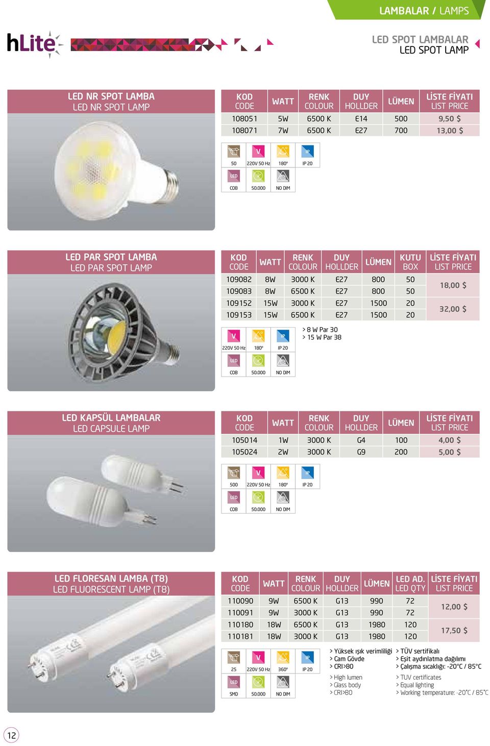 Hz 180º 20 50.000 KAPSÜL LAMBALAR CAPSULE LAMP 105014 1W 3000 K G4 100 4,00 $ 105024 2W 3000 K G9 200 5,00 $ 500 220 50 Hz 180º 20 50.000 FLORESAN LAMBA (T8) FLUORESCENT LAMP (T8) AD.