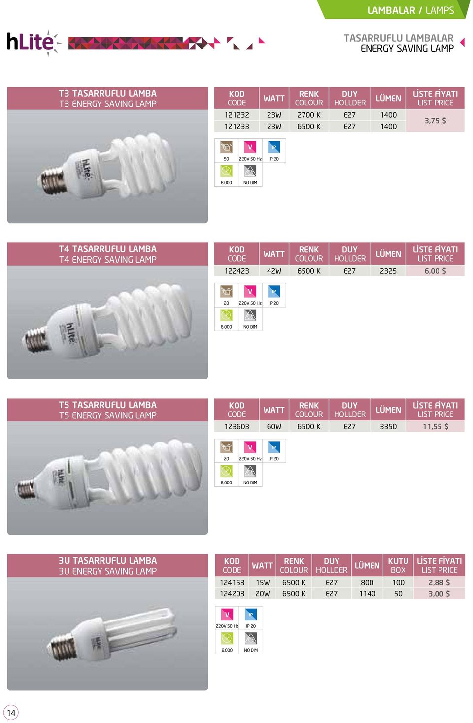 000 T4 TASARRUFLU LAMBA T4 ENERGY SAING LAMP 122423 42W 6500 K E27 2325 6,00 $ 20 220 50 Hz 20 8.