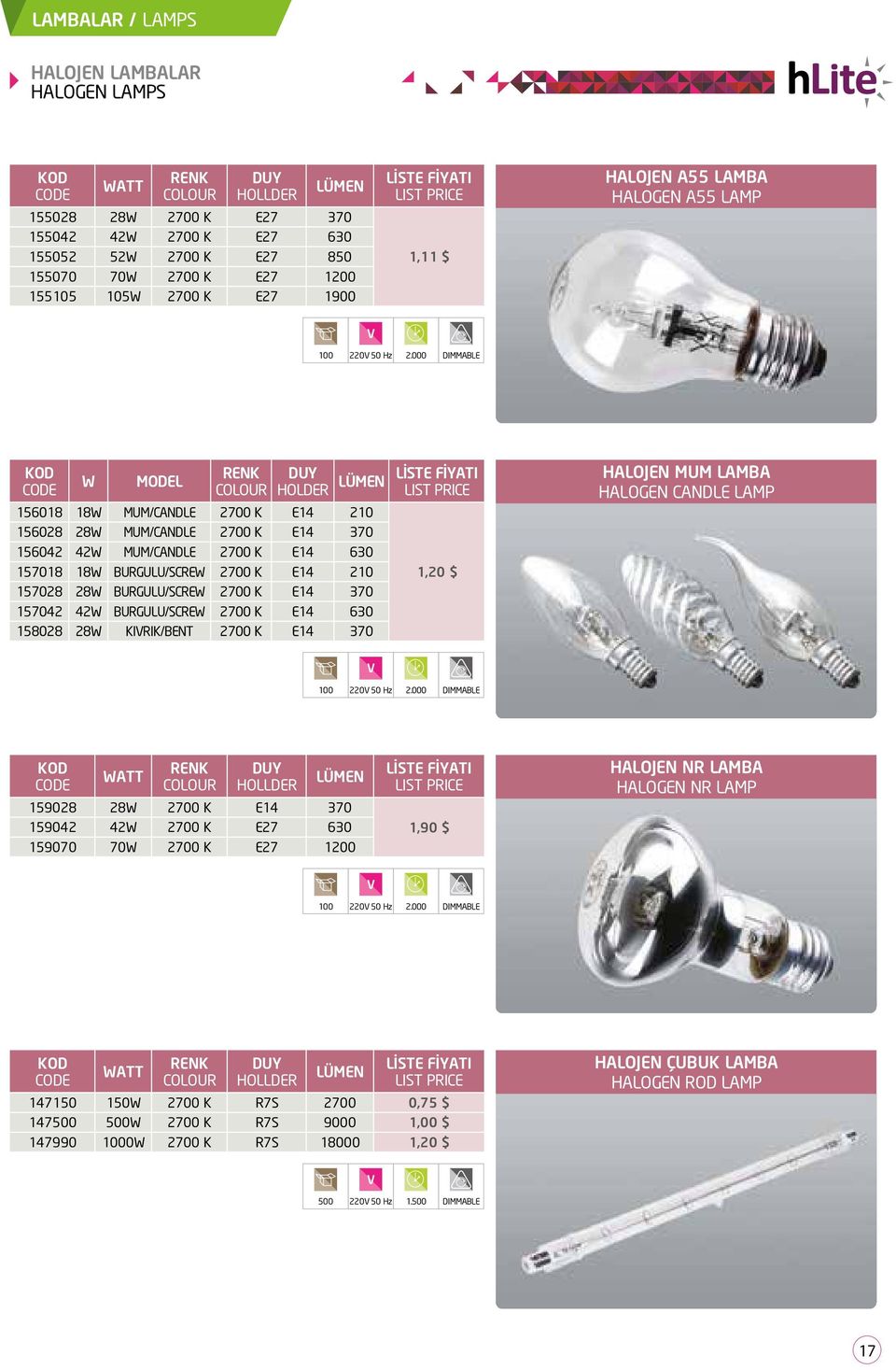 000 DIMMABLE W MODEL HOLDER 156018 18W MUM/CANDLE 2700 K E14 210 156028 28W MUM/CANDLE 2700 K E14 370 156042 42W MUM/CANDLE 2700 K E14 630 157018 18W BURGULU/SCREW 2700 K E14 210 157028 28W