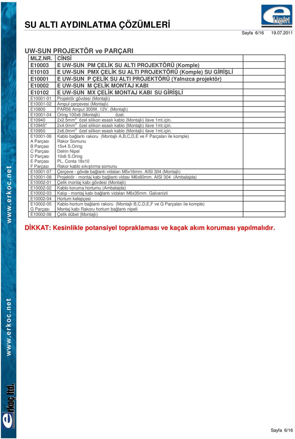 UW-SUN M ÇELĐK MONTAJ KABI E10102 E UW-SUN MX ÇELĐK MONTAJ KABI SU GĐRĐŞLĐ E10001-01 Projektör gövdesi (Montajlı) E10001-02 Ampul çerçevesi (Montajlı) E10800 PAR56 Ampul 300W. 12V.