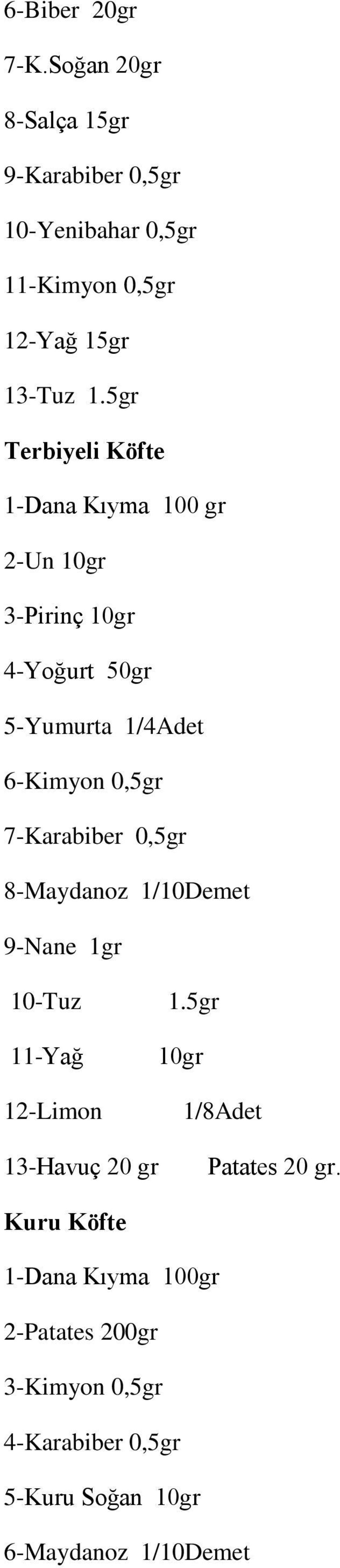 7-Karabiber 0,5gr 8-Maydanoz 1/10Demet 9-Nane 1gr 10-Tuz 11-Yağ 12-Limon 1.