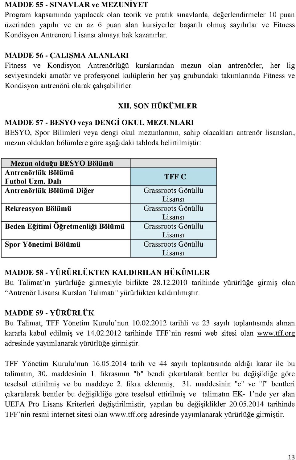 MADDE 56 - ÇALIġMA ALANLARI Fitness ve Kondisyon Antrenörlüğü kurslarından mezun olan antrenörler, her lig seviyesindeki amatör ve profesyonel kulüplerin her yaş grubundaki takımlarında Fitness ve