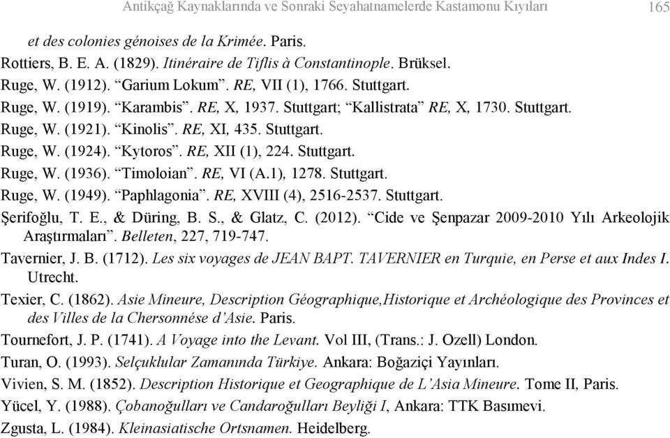 Kytoros. RE, XII (1), 224. Stuttgart. Ruge, W. (1936). Timoloian. RE, VI (A.1), 1278. Stuttgart. Ruge, W. (1949). Paphlagonia. RE, XVIII (4), 2516-2537. Stuttgart. Şerifoğlu, T. E., & Düring, B. S., & Glatz, C.