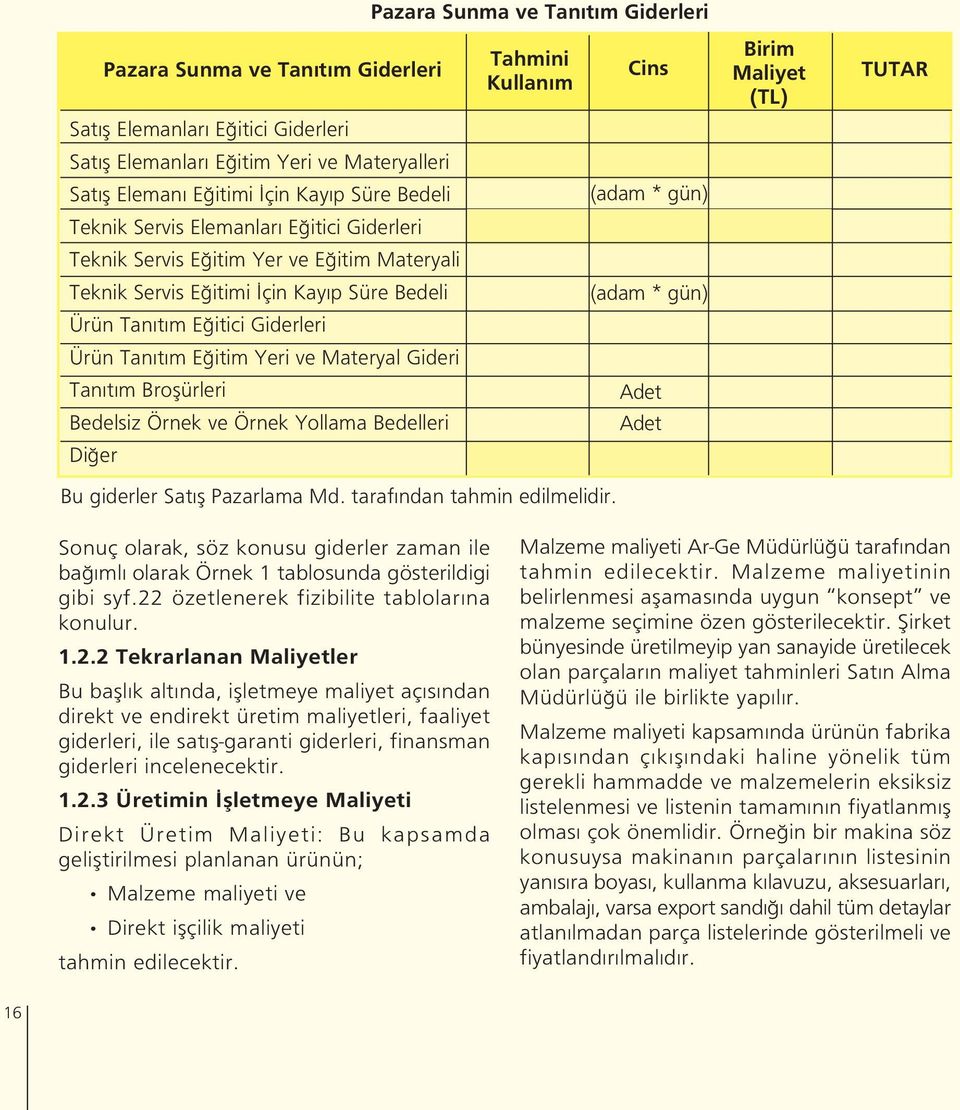 ve Örnek Yollama Bedelleri Di er Pazara Sunma ve Tan t m Giderleri Tahmini Kullan m Bu giderler Sat fl Pazarlama Md. taraf ndan tahmin edilmelidir.