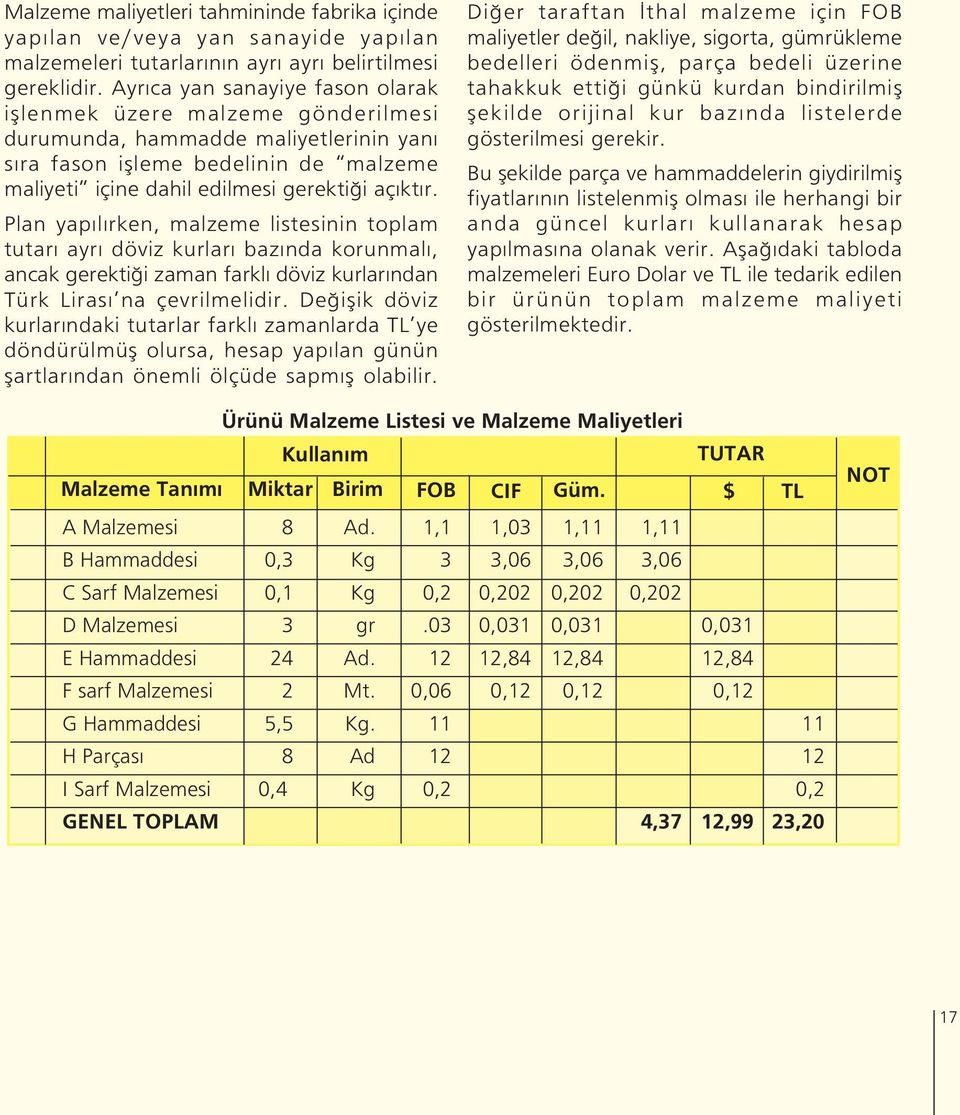 Plan yap l rken, malzeme listesinin toplam tutar ayr döviz kurlar baz nda korunmal, ancak gerekti i zaman farkl döviz kurlar ndan Türk Liras na çevrilmelidir.