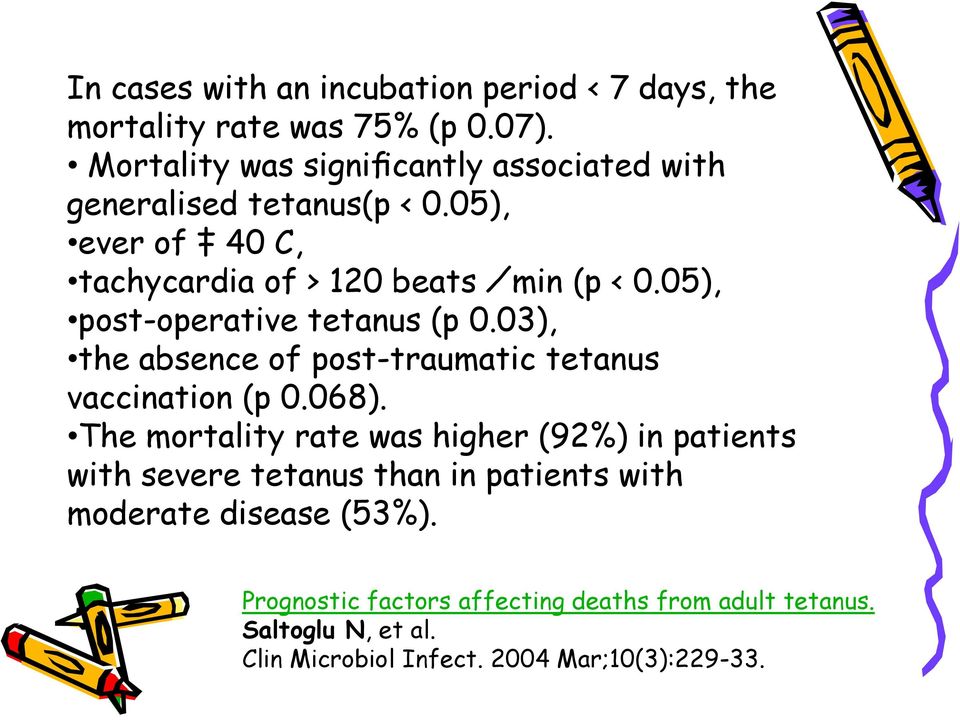 05), post-operative tetanus (p 0.03), the absence of post-traumatic tetanus vaccination (p 0.068).