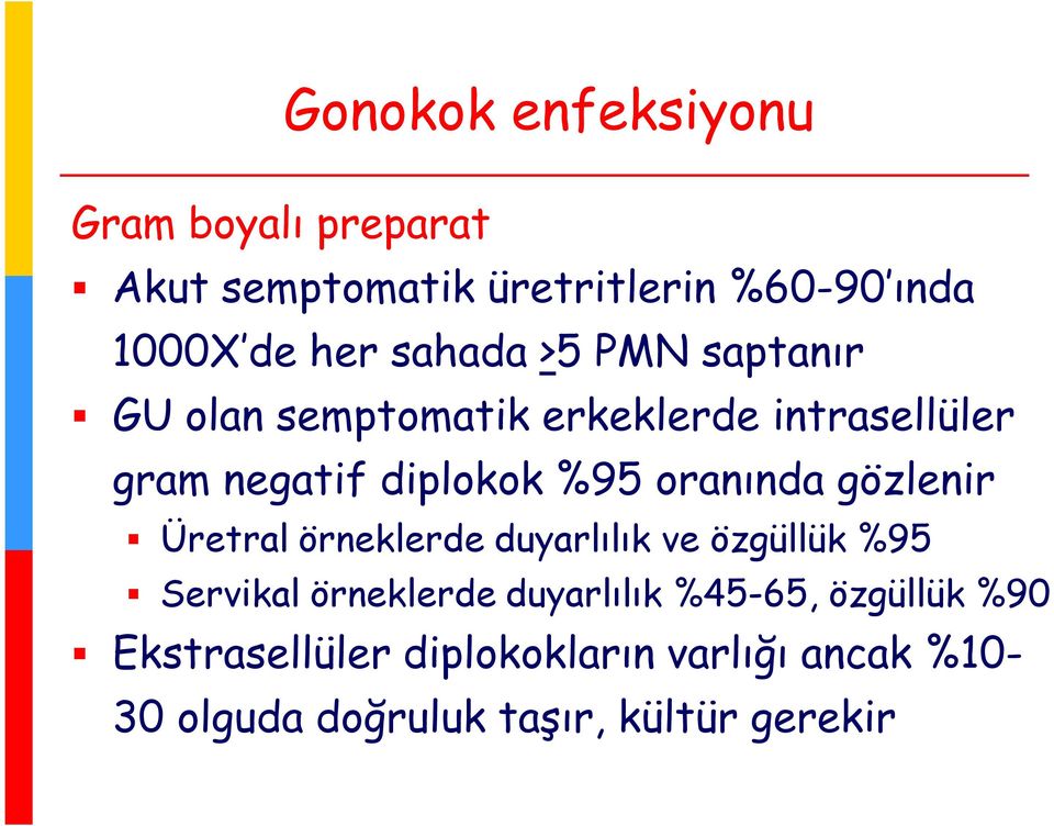 oranında gözlenir Üretral örneklerde duyarlılık ve özgüllük %95 Servikal örneklerde duyarlılık