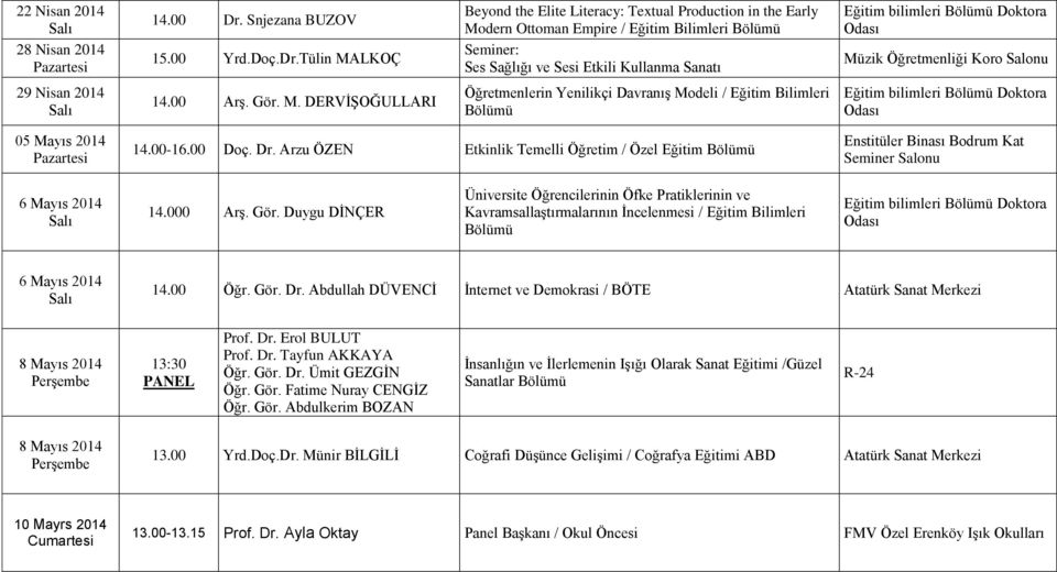 Tülin MALKOÇ Beyond the Elite Literacy: Textual Production in the Early Modern Ottoman Empire / Eğitim Seminer: Ses Sağlığı ve Sesi Etkili Kullanma Sanatı 29 Nisan 2014 14.00 Arş. Gör. M. DERVİŞOĞULLARI Öğretmenlerin Yenilikçi Davranış Modeli / Eğitim Bilimleri Bölümü 05 Mayıs 2014 14.