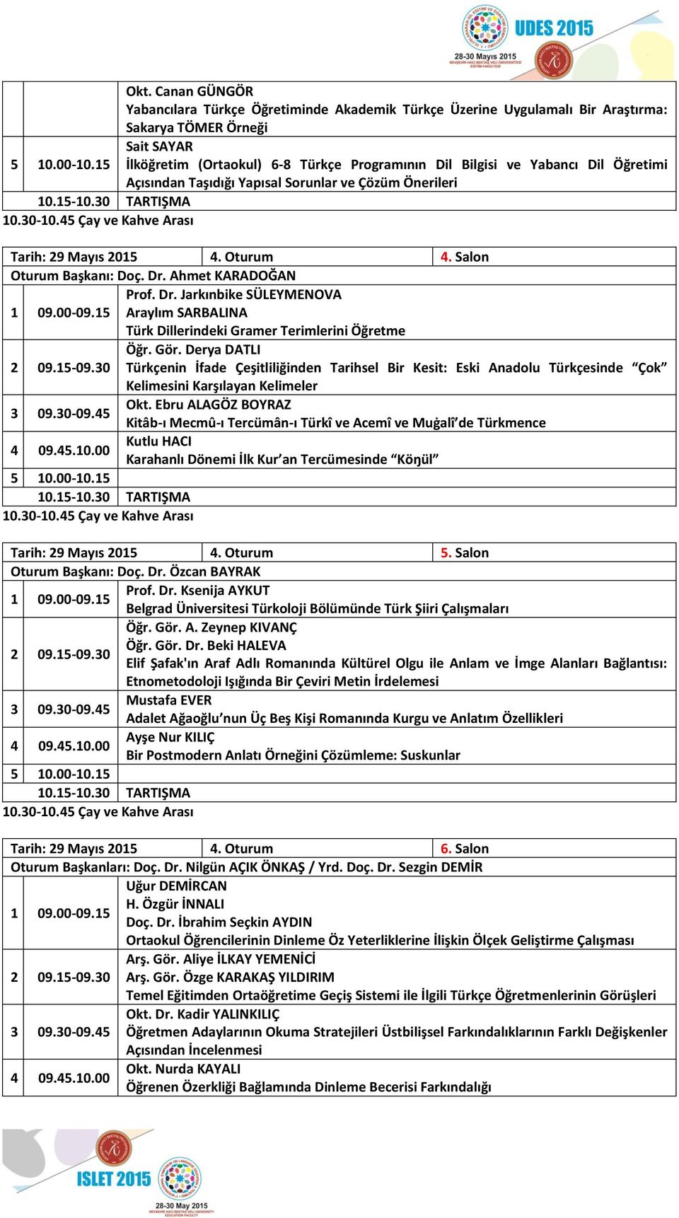 45 Çay ve Kahve Arası Tarih: 29 Mayıs 2015 4. Oturum 4. Salon Oturum Başkanı: Doç. Dr. Ahmet KARADOĞAN Prof. Dr. Jarkınbike SÜLEYMENOVA 1 09.00-09.