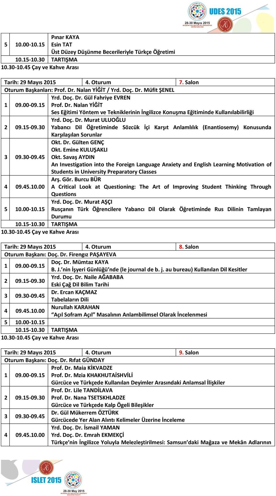 15-09.30 Yrd. Doç. Dr. Murat ULUOĞLU Yabancı Dil Öğretiminde Sözcük İçi Karşıt Anlamlılık (Enantiosemy) Konusunda Karşılaşılan Sorunlar 3 09.30-09.45 Okt. Dr. Gülten GENÇ Okt. Emine KULUŞAKLI Okt.