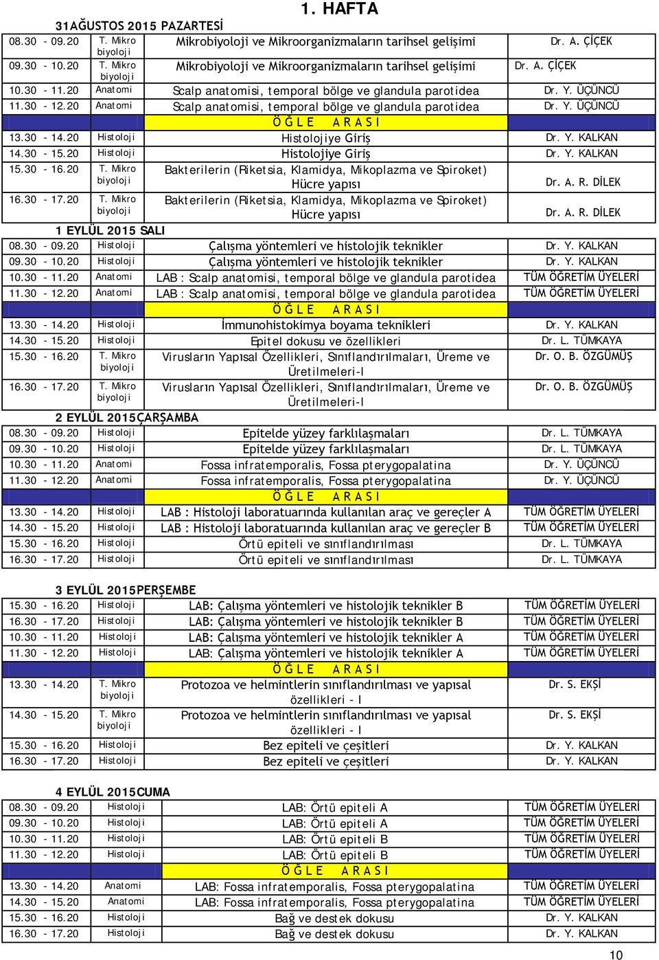 20 Histoloji Histolojiye Giriş Dr. Y. KALKAN 14.30-15.20 Histoloji Histolojiye Giriş Dr. Y. KALKAN 15.30-16.20 T. Mikro Bakterilerin (Riketsia, Klamidya, Mikoplazma ve Spiroket) Hücre yapısı Dr. A. R.