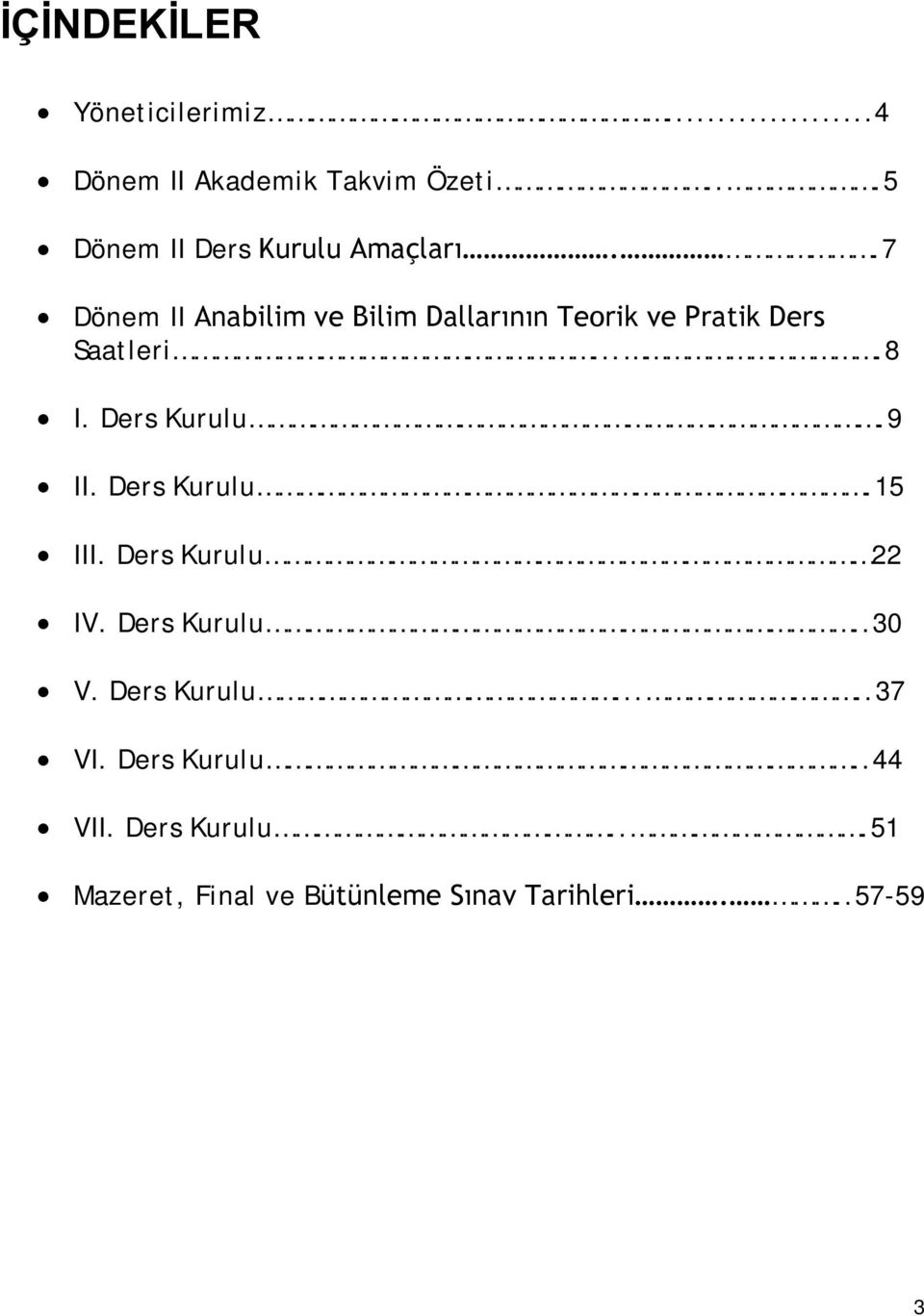 .7 Dönem II Anabilim ve Bilim Dallarının Teorik ve Pratik Ders Saatleri....8 I. Ders Kurulu.