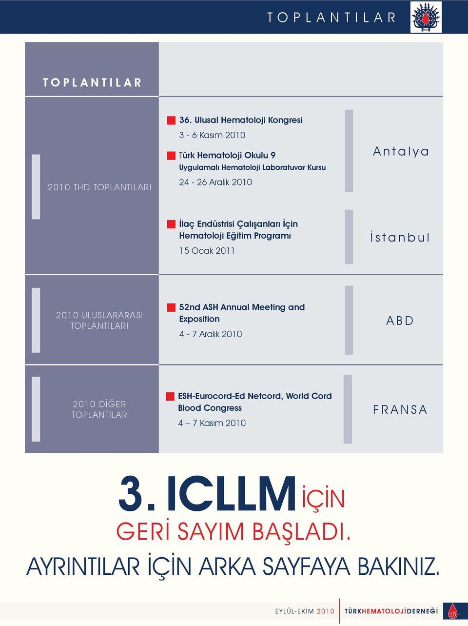 Antalya İlaç Endüstrisi Çalışanları İçin Hematoloji Eğitim Programı 15 Ocak 2011 İstanbul 2010 ULUSLARARASI TOPLANTILARI 52nd ASH