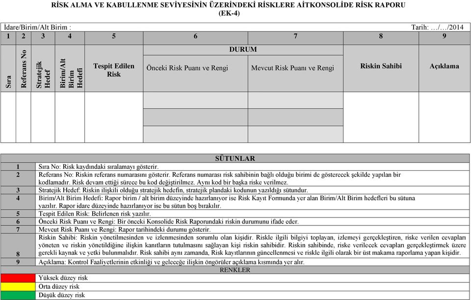 2 Referans No: Riskin referans numarasını gösterir. Referans numarası risk sahibinin bağlı olduğu birimi de gösterecek şekilde yapılan bir kodlamadır. Risk devam ettiği sürece bu kod değiştirilmez.