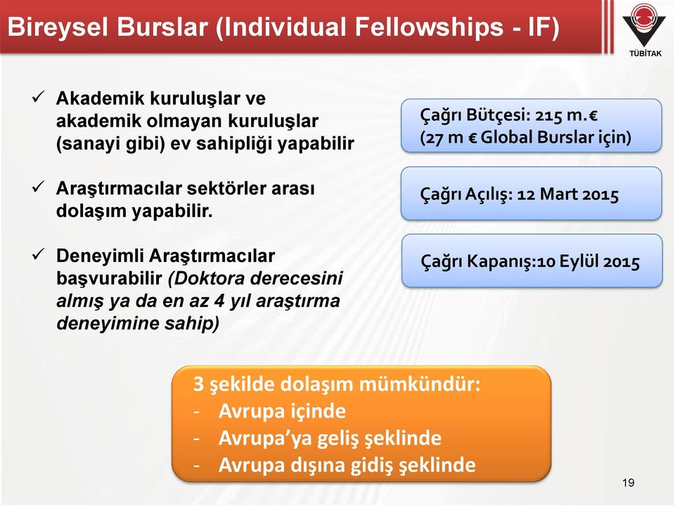 Deneyimli Araştırmacılar başvurabilir (Doktora derecesini almış ya da en az 4 yıl araştırma deneyimine sahip) Çağrı Bütçesi: