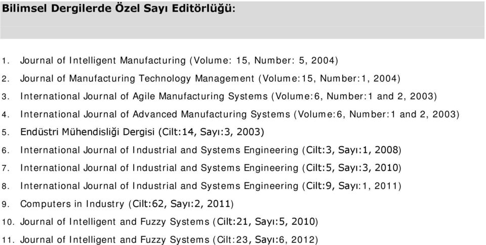 Endüstri Mühendisliği Dergisi (Cilt:14, Sayı:3, 2003) 6. International Journal of Industrial and Systems Engineering (Cilt:3, Sayı:1, 2008) 7.