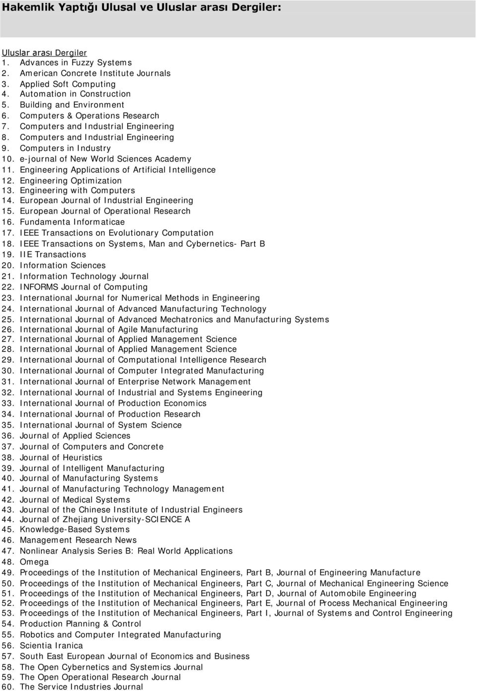 e-journal of New World Sciences Academy 11. Engineering Applications of Artificial Intelligence 12. Engineering Optimization 13. Engineering with Computers 14.