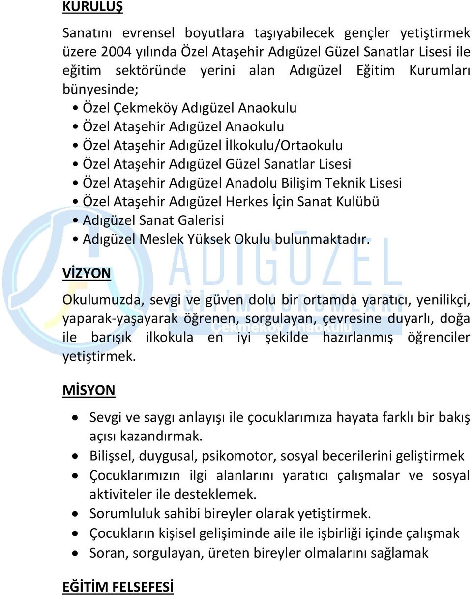 Bilişim Teknik Lisesi Özel Ataşehir Adıgüzel Herkes İçin Sanat Kulübü Adıgüzel Sanat Galerisi Adıgüzel Meslek Yüksek Okulu bulunmaktadır.