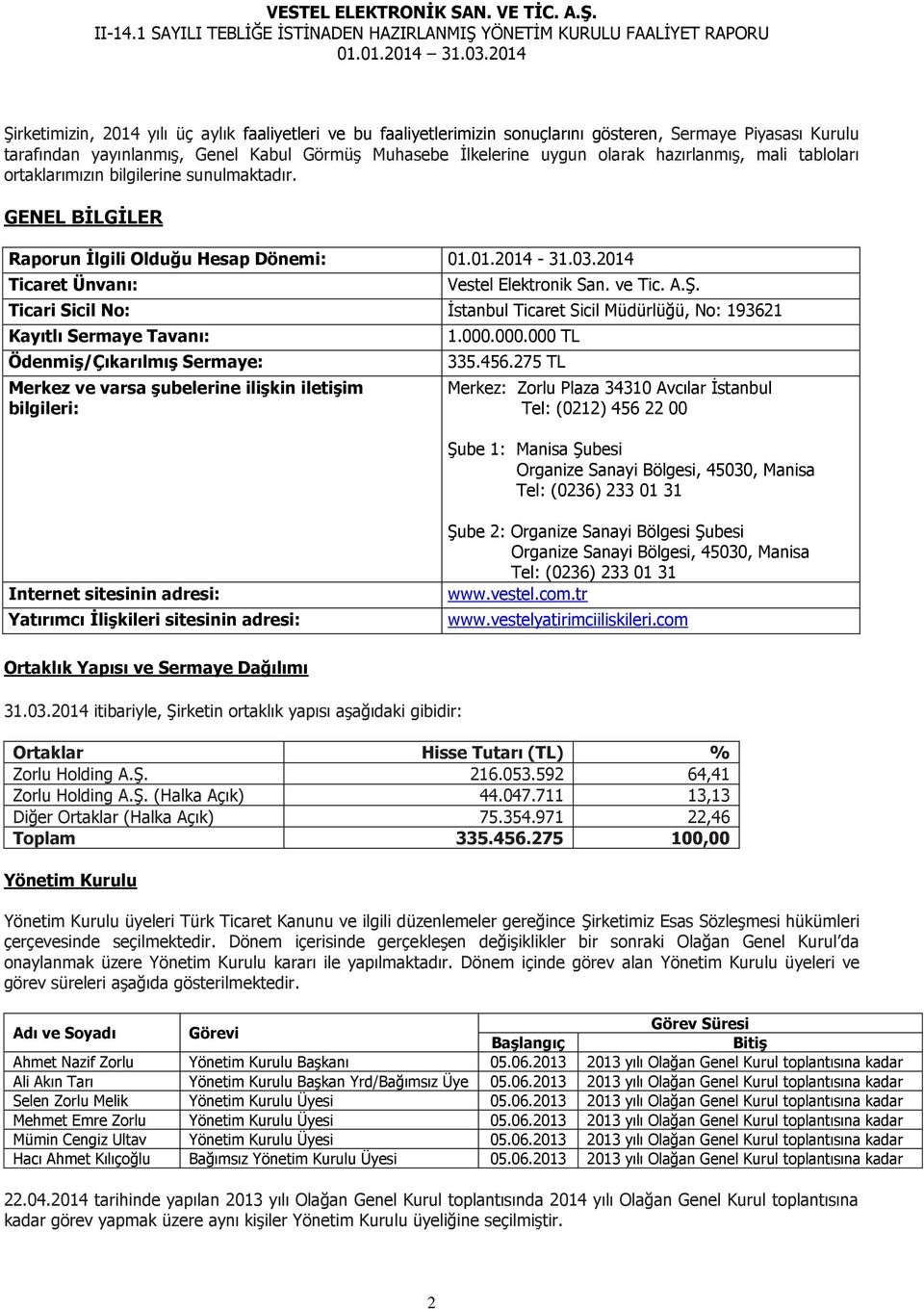 Ticari Sicil No: İstanbul Ticaret Sicil Müdürlüğü, No: 193621 Kayıtlı Sermaye Tavanı: Ödenmiş/Çıkarılmış Sermaye: Merkez ve varsa şubelerine ilişkin iletişim bilgileri: 1.000.000.000 TL 335.456.