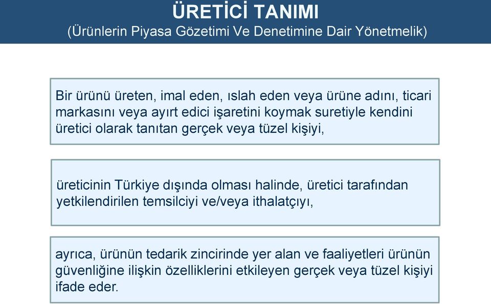 üreticinin Türkiye dışında olması halinde, üretici tarafından yetkilendirilen temsilciyi ve/veya ithalatçıyı, ayrıca, ürünün