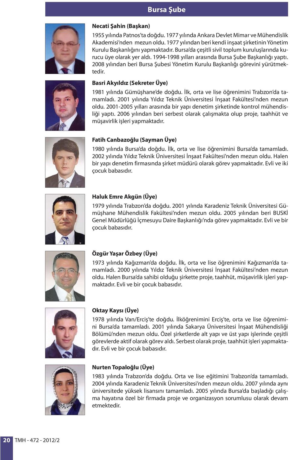 1994-1998 yılları arasında Bursa Şube Başkanlığı yaptı. 2008 yılından beri Bursa Şubesi Yönetim Kurulu Başkanlığı görevini yürütmektedir. Basri Akyıldız (Sekreter Üye) 1981 yılında Gümüşhane de doğdu.