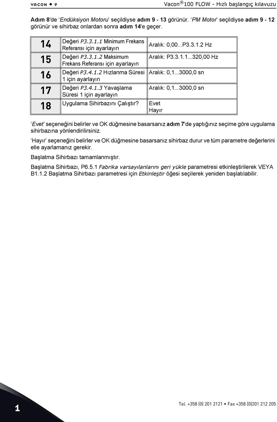 3.1.1...320,00 Hz Aralık: 0,1...3000,0 sn Değeri P3.4.1.3 Yavaşlama Aralık: 0,1...3000,0 sn Süresi 1 için ayarlayın Uygulama Sihirbazını Çalıştır?