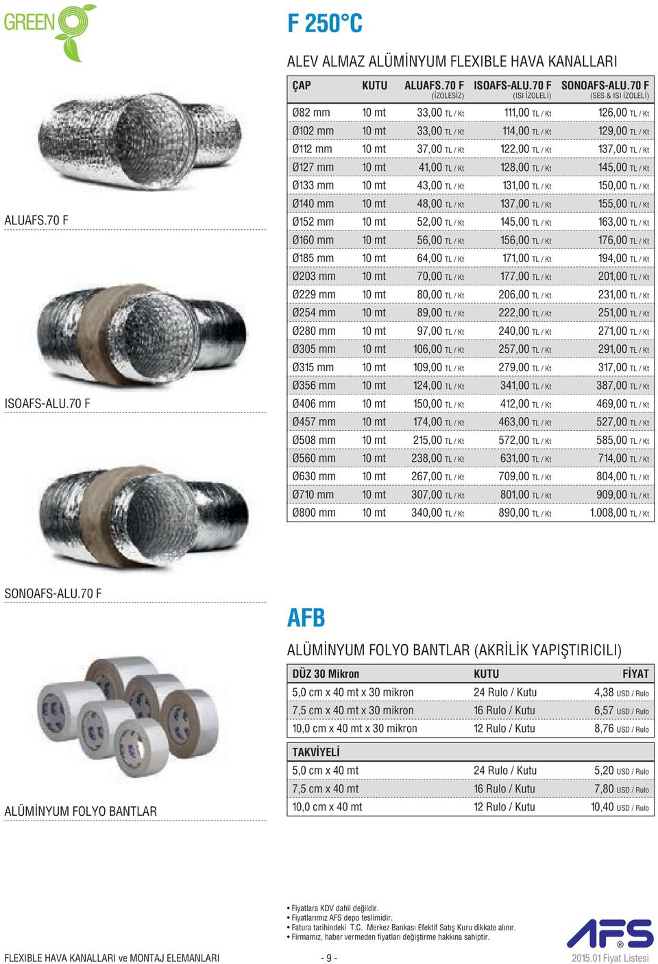 Ø127 mm 10 mt 41,00 TL / Kt 128,00 TL / Kt 145,00 TL / Kt Ø133 mm 10 mt 43,00 TL / Kt 131,00 TL / Kt 150,00 TL / Kt ALUAFS.