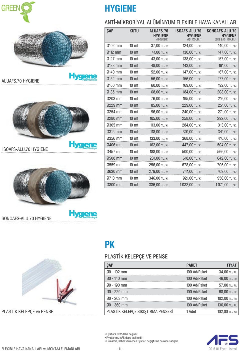 / Kt Ø133 mm 10 mt 48,00 TL / Kt 143,00 TL / Kt 161,00 TL / Kt Ø140 mm 10 mt 52,00 TL / Kt 147,00 TL / Kt 167,00 TL / Kt ALUAFS.