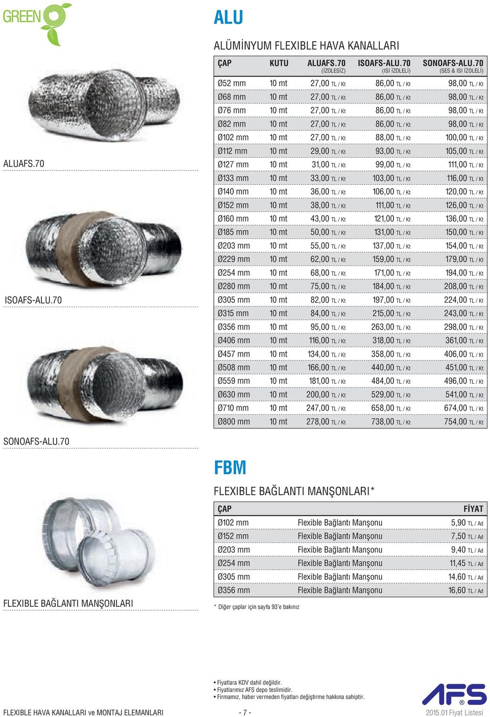 mt 27,00 TL / Kt 86,00 TL / Kt 98,00 TL / Kt Ø102 mm 10 mt 27,00 TL / Kt 88,00 TL / Kt 100,00 TL / Kt ALUAFS.