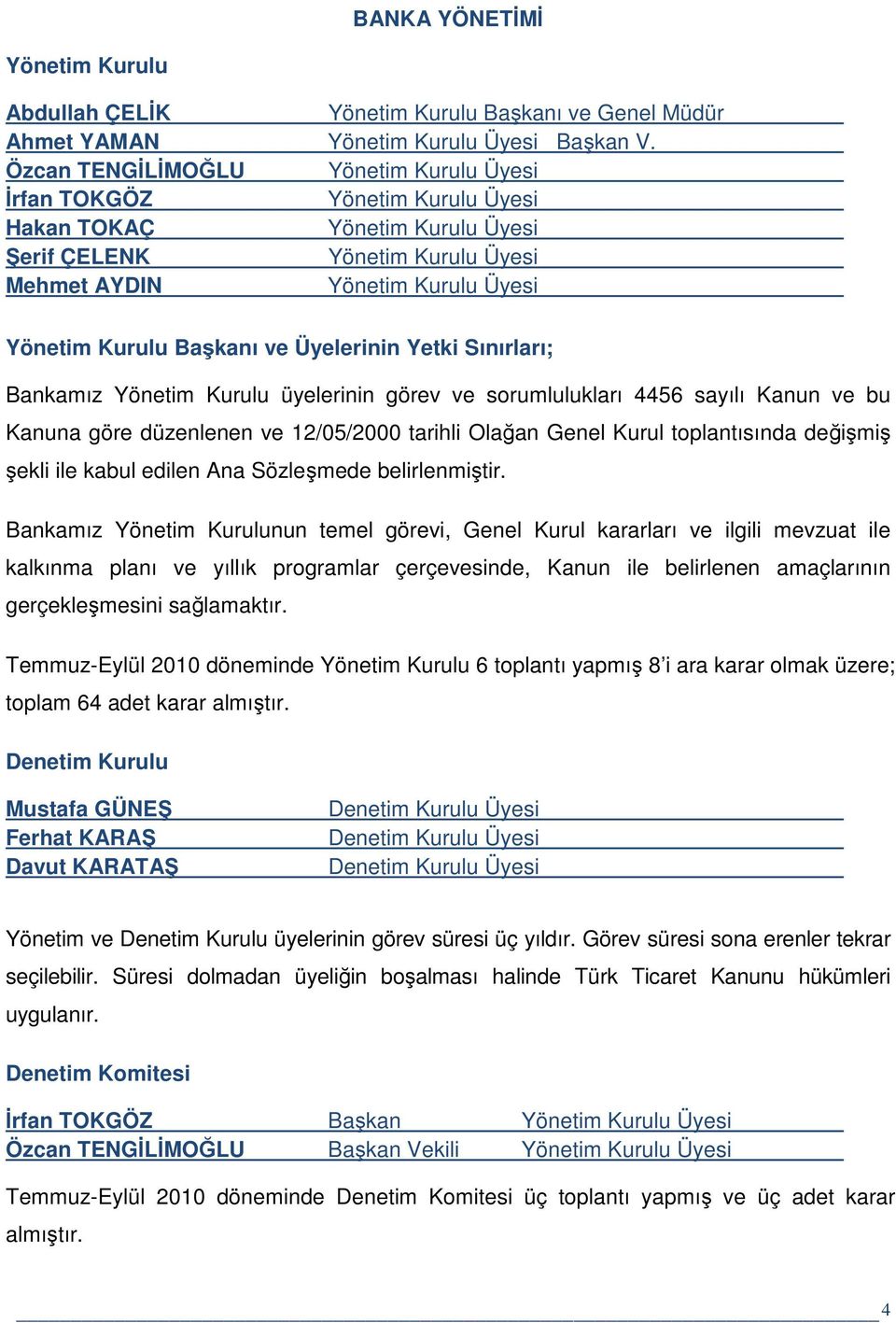 ve Üyelerinin Yetki Sınırları; Bankamız Yönetim Kurulu üyelerinin görev ve sorumlulukları 4456 sayılı Kanun ve bu Kanuna göre düzenlenen ve 12/05/2000 tarihli Olağan Genel Kurul toplantısında