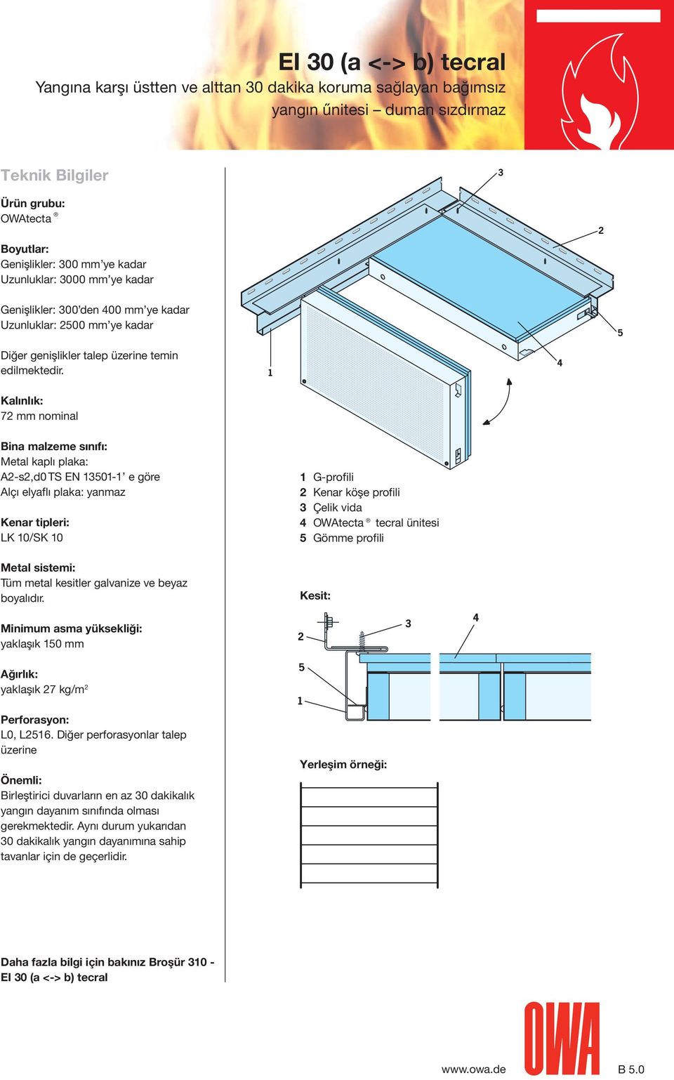 Kalınlık: 72 mm nominal 1 4 Bina malzeme sınıfı: Metal kaplı plaka: A2-s2,d0 TS EN 1501-1 e göre Alçı elyaflı plaka: yanmaz Kenar tipleri: LK 10/SK 10 Metal sistemi: Tüm metal kesitler galvanize ve