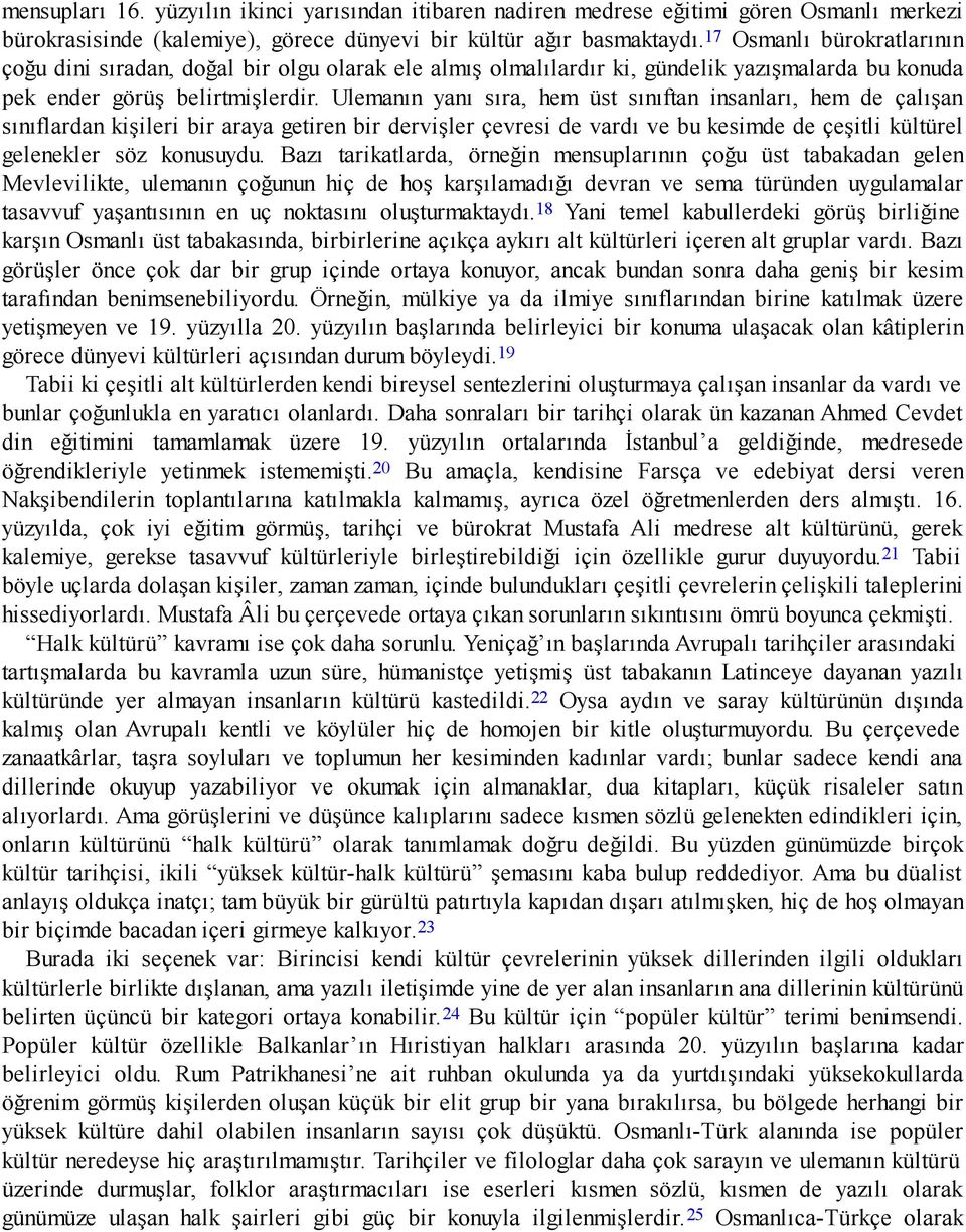 Ulemanın yanı sıra, hem üst sınıftan insanları, hem de çalışan sınıflardan kişileri bir araya getiren bir dervişler çevresi de vardı ve bu kesimde de çeşitli kültürel gelenekler söz konusuydu.