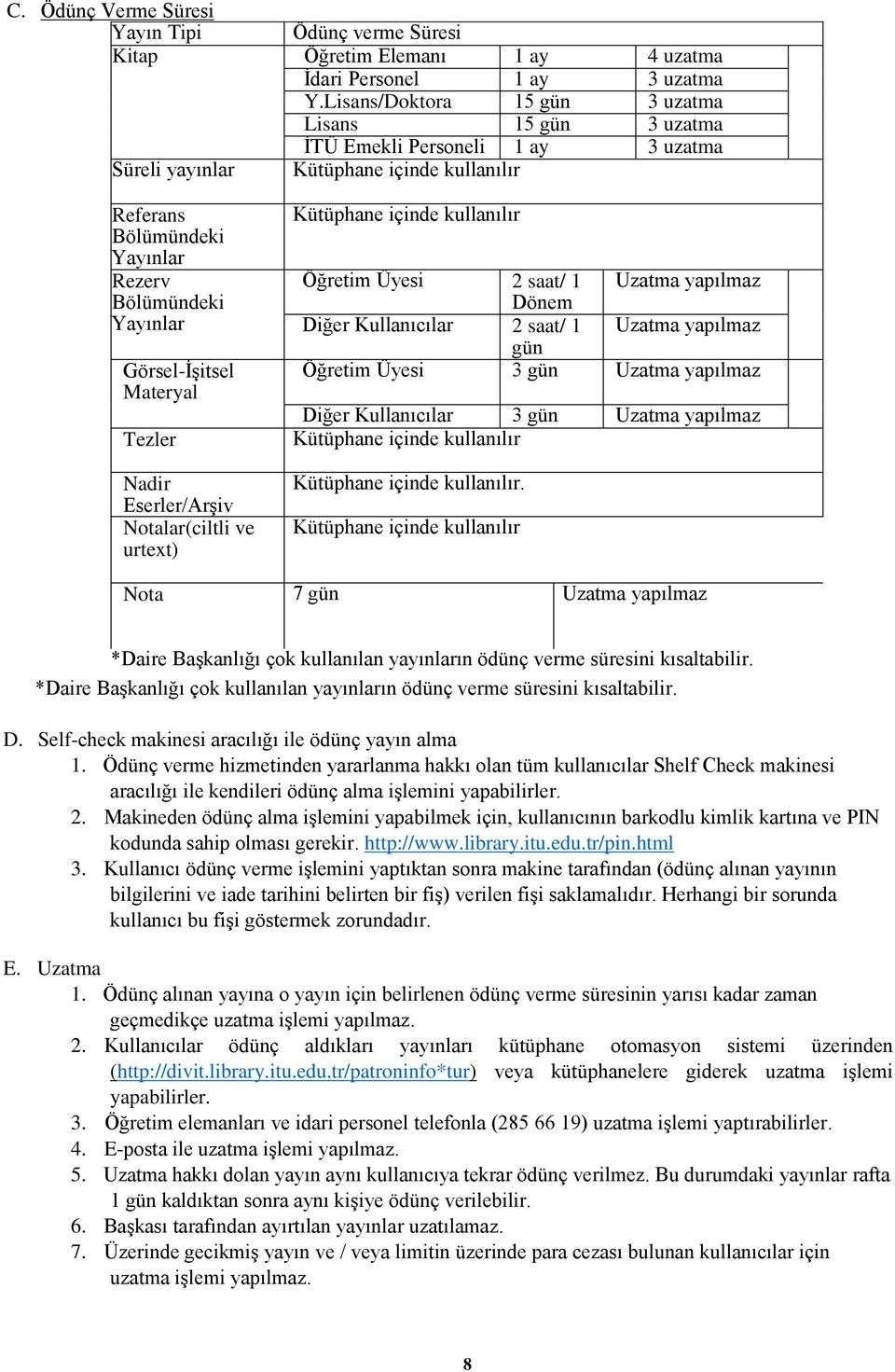 Görsel-İşitsel Materyal Tezler Kütüphane içinde kullanılır Öğretim Üyesi 2 saat/ 1 Uzatma yapılmaz Dönem Diğer Kullanıcılar 2 saat/ 1 Uzatma yapılmaz gün Öğretim Üyesi 3 gün Uzatma yapılmaz Diğer