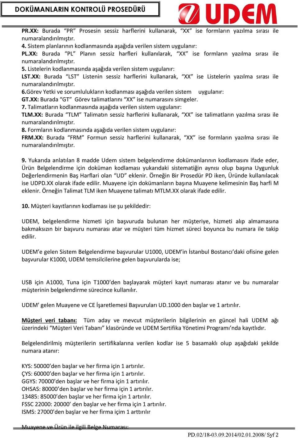 XX: Burada LST Listenin sessiz harflerini kullanarak, XX ise Listelerin yazılma sırası ile 6.Görev Yetki ve sorumlulukların kodlanması aşağıda verilen sistem uygulanır: GT.