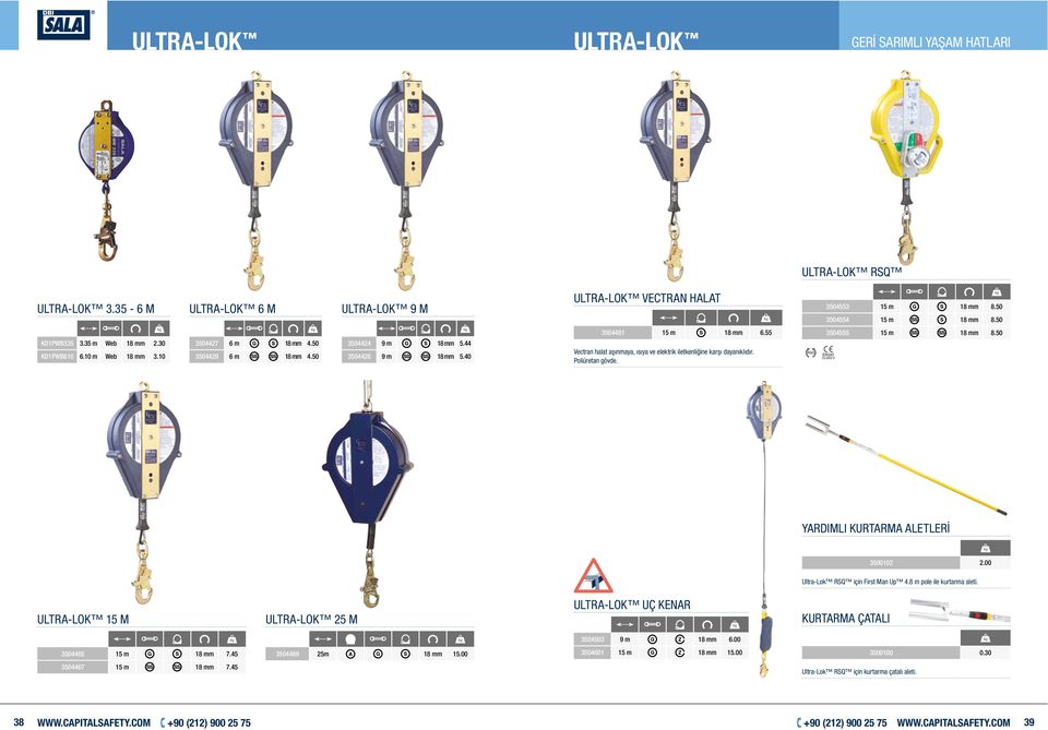 55 Vectran halat aşınmaya, ısıya ve elektrik iletkenliğine karşı dayanıklıdır. Poliüretan gövde. 3504555 15 m 18 mm 8.50 YARDIMLI KURTARMA ALETLERİ 3500102 2.00 Ultra-Lok RSQ için First Man Up 4.
