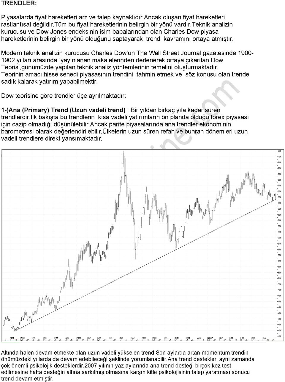 Modern teknik analizin kurucusu Charles Dow un The Wall Street Journal gazetesinde 1900-1902 yılları arasında yayınlanan makalelerinden derlenerek ortaya çıkarılan Dow Teorisi,günümüzde yapılan