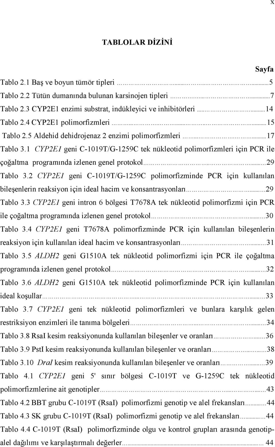 1 CYP2E1 geni C-1019T/G-1259C tek nükleotid polimorfizmleri için PCR ile çoğaltma programında izlenen genel protokol..... 29 Tablo 3.