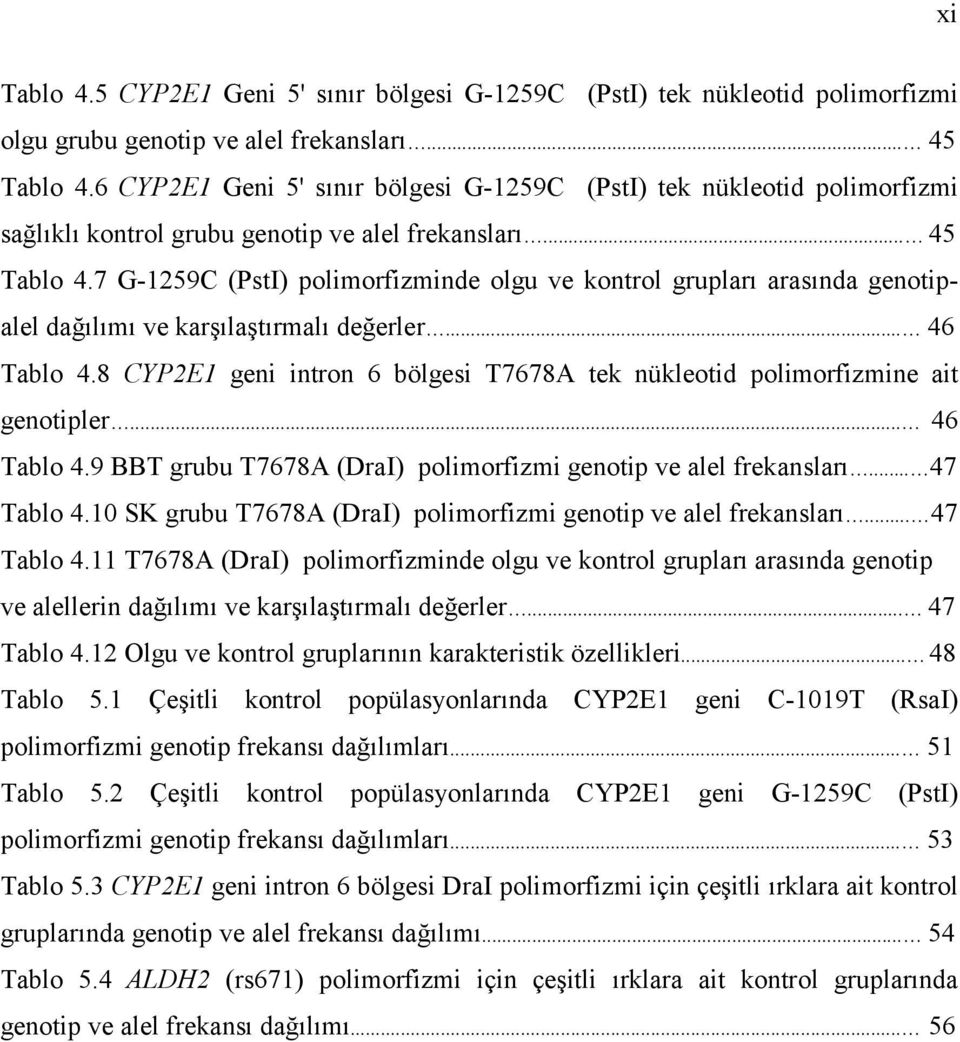 7 G-1259C (PstI) polimorfizminde olgu ve kontrol grupları arasında genotipalel dağılımı ve karşılaştırmalı değerler... 46 Tablo 4.