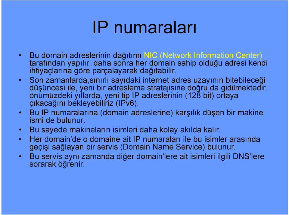 önümüzdeki yıllarda, yeni tip IP adreslerinin (128 bit) ortaya çıkacağını bekleyebiliriz (IPv6). Bu IP numaralarına (domain adreslerine) karşılık düşen bir makine ismi de bulunur.