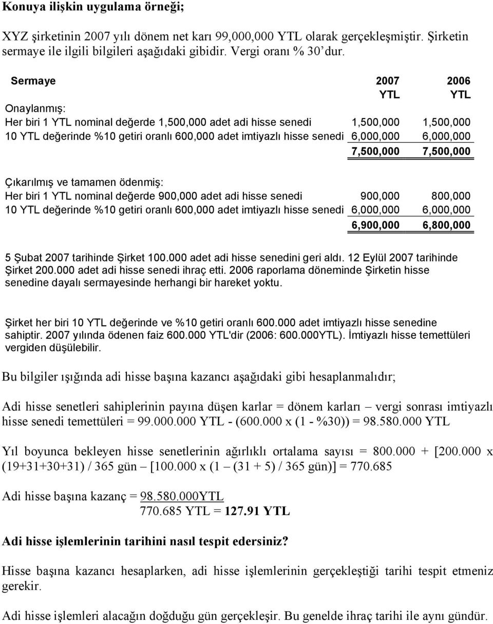 6,000,000 6,000,000 7,500,000 7,500,000 Çıkarılmış ve tamamen ödenmiş: Her biri 1 YTL nominal değerde 900,000 adet adi hisse senedi 900,000 800,000 10 YTL değerinde %10 getiri oranlı 600,000 adet