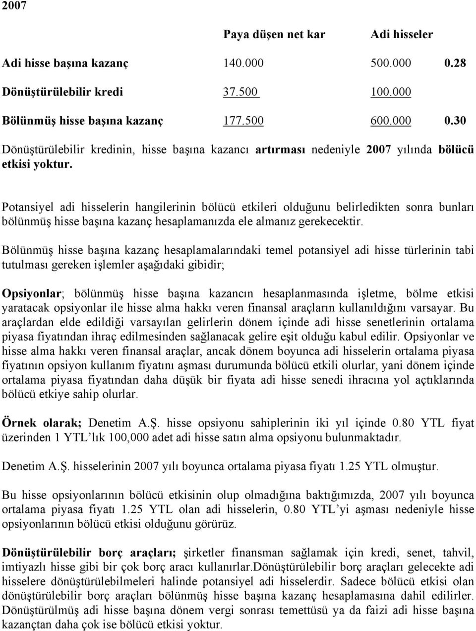 Bölünmüş hisse başına kazanç hesaplamalarındaki temel potansiyel adi hisse türlerinin tabi tutulması gereken işlemler aşağıdaki gibidir; Opsiyonlar; bölünmüş hisse başına kazancın hesaplanmasında